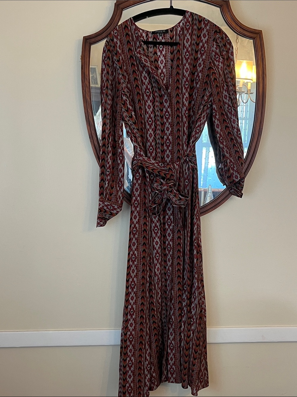 Lafayette 148 NY Burgundy Patterned Wrap Midi Dress Size 8 Buttons/Belt EUC